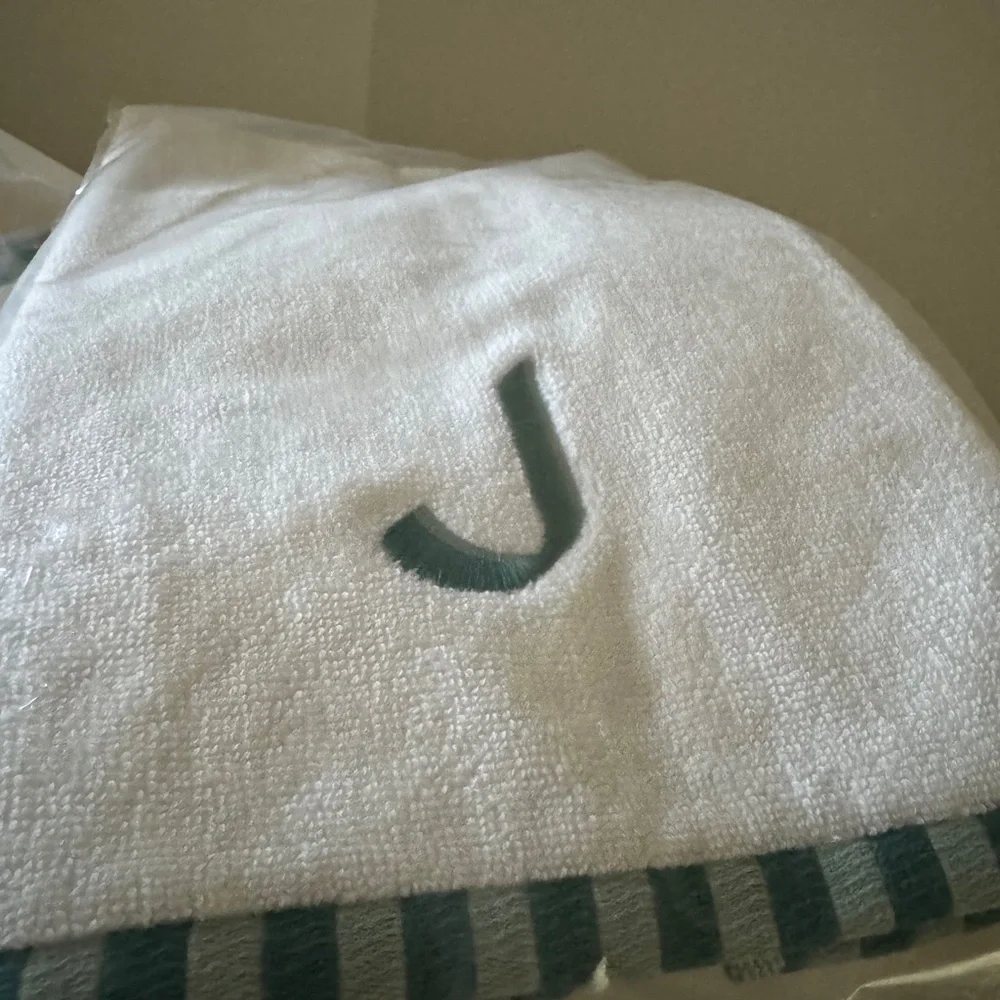 Anthropologie Monogrammed Embroidered Green and White‎ Towel